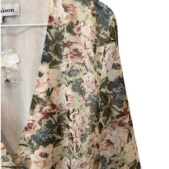 EN SAISON Floral Pleat Long Sleeve Wrap Midi Dress In Natural (L) - Picture 4 of 8
